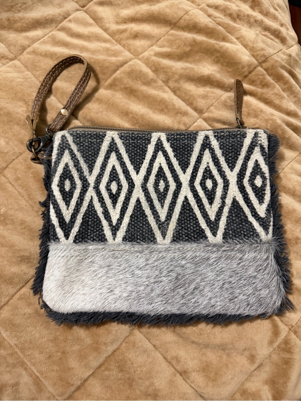 Myra Bag Black & White Diamond-Pattern Wristlet Clutch